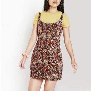 Wild Fable Floral Corduroy Mini Dress L Brown Square Neck Adjustable Straps